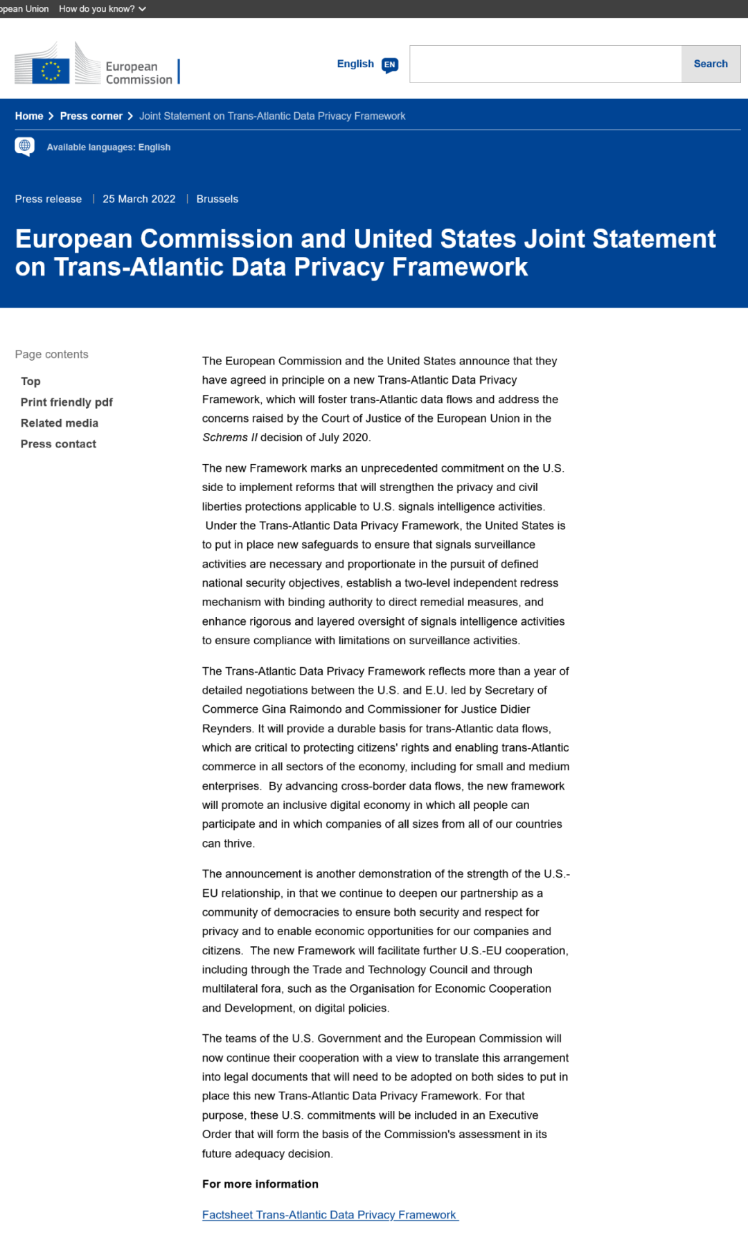 美欧就新的跨大西洋数据隐私框架达成原则性协议